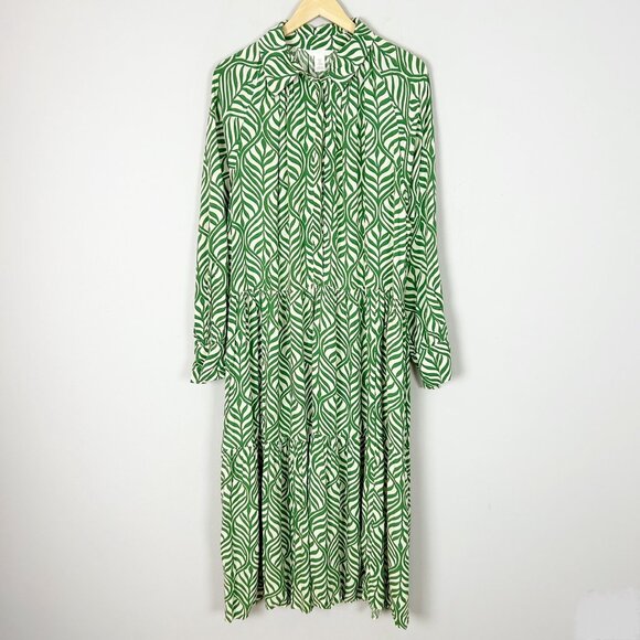 H&M Tiered Midi Dress Green Leaf Print Long Sleeve Size XL Women's - Picture 1 of 4